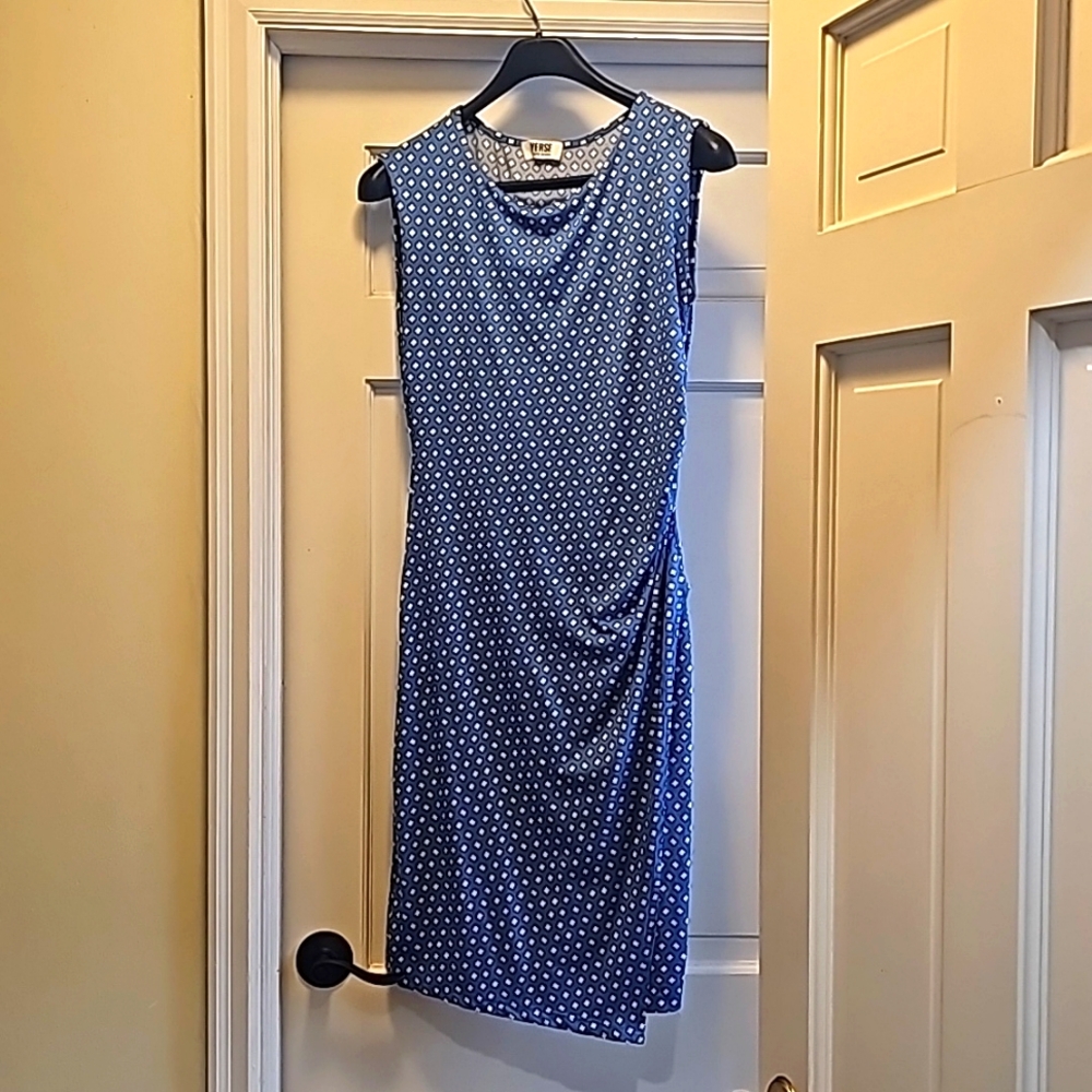 Verse Saskia knit wrap blue diamond print dress